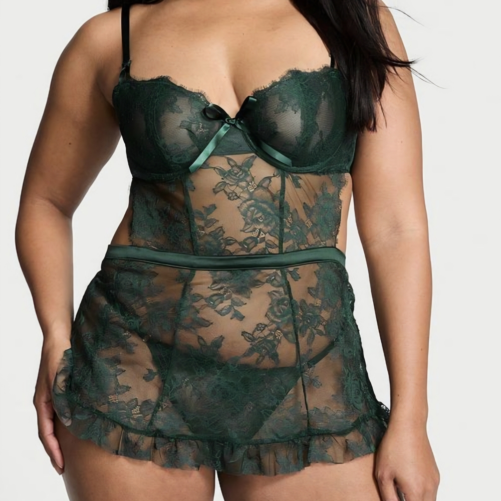 Victoria's Secret Very Sexy Unlined Botanical Green Lace Apron Set XXL NWT